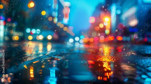 Blurred city lights and rain on the street at night  soft focus photography of a cityscape with a bokeh effect and an urban background  reflections of light on wet pavement.