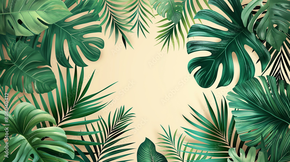 Tropical leaves background vector presentation design, green monstera and palm leaves framing a beige background, exotic jungle summer concept with space for copy text.