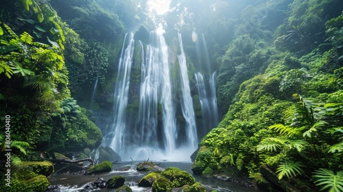 Cascading waterfall in lush forest