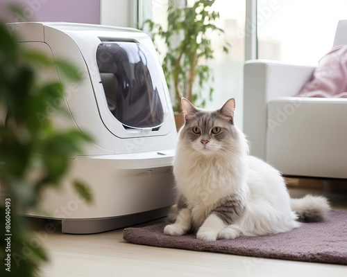 A cat beside a hightech litter box, showcasing advanced odor control and selfcleaning features © Pakorn