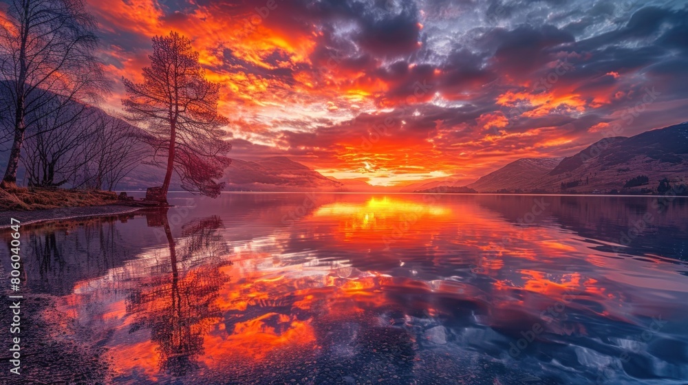 Fiery sunset over calm lake