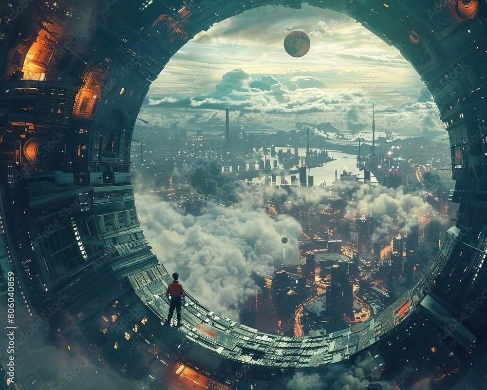 A boy stands on a walkway in a vast space station, looking out at the city below A boy stands on a walkway in a vast space station, looking out at the city below