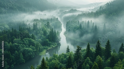 Misty forest with winding river photo