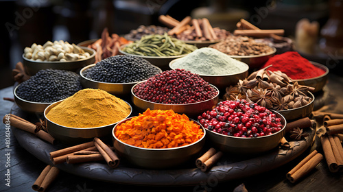 Spices and Flavors of the World: Exotic and aromatic spices an bowwl on a tray. photo