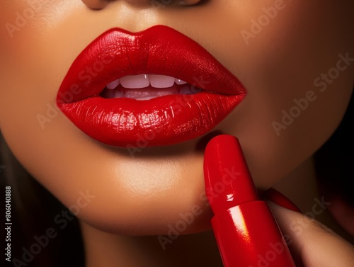 A closeup of a woman applying vibrant matte lipstick, highlighting bold color and longlasting wear photo