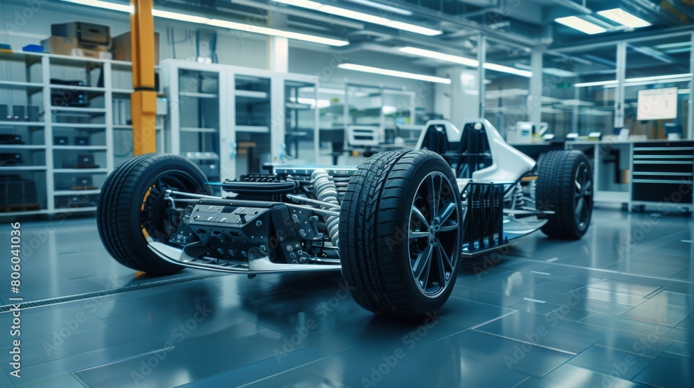 Mechanical engineer in a high-tech lab testing electric vehicle components, focus on sustainability and technology Mechanical engineer in a high-tech lab testing electric vehicle components, focus on sustainability and technology