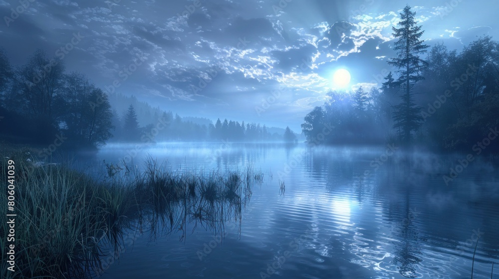 Serene lake reflecting moonlight