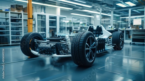 Mechanical engineer in a high-tech lab testing electric vehicle components, focus on sustainability and technology
