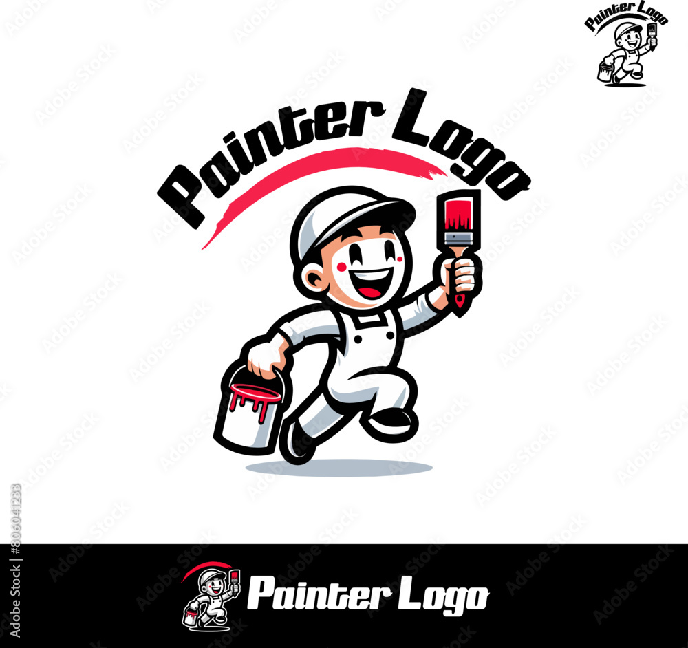 Painter logo for painters and Painting Company Design. Painter's Brand mascot with paintbrush and paint bucket of red paint in full color and black and white Painter logo for painters and Painting Company Design. Painter's Brand mascot with paintbrush and paint bucket of red paint in full color and black and white