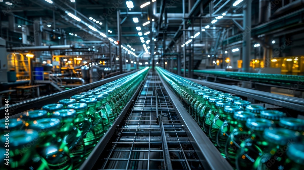 Wide-angle view of a beverage factory, glass bottles on a high-speed assembly line under bright lights