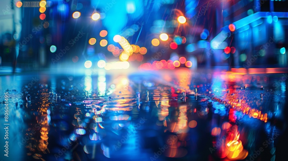 Blurred city lights and rain on the street at night, soft focus photography of a cityscape with a bokeh effect and an urban background, reflections of light on wet pavement. Blurred city lights and rain on the street at night, soft focus photography of a cityscape with a bokeh effect and an urban background, reflections of light on wet pavement.