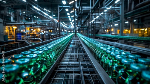 Wide-angle view of a beverage factory, glass bottles on a high-speed assembly line under bright lights