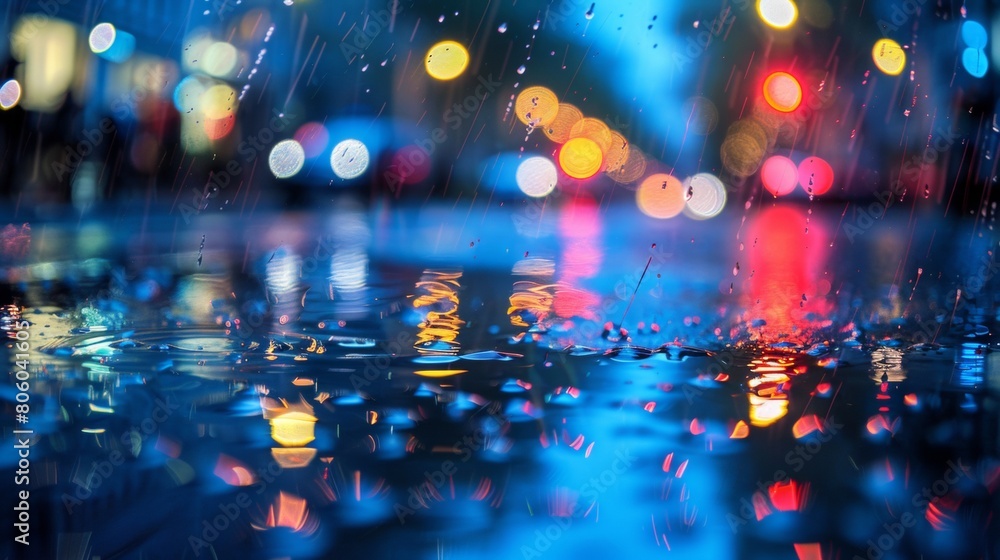 Blurred city lights and raindrops in the streets at night, creating an atmosphere of mystery and tranquility. The focus is on reflections in puddles on the wet pavement. Blurred city lights and raindrops in the streets at night, creating an atmosphere of mystery and tranquility. The focus is on reflections in puddles on the wet pavement.