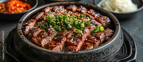Bulgogi is a popular Korean barbecue dish featuring thinly sliced marinated beef or pork grilled to perfection. The meat is marinated in a mixture of soy sauce, sugar, sesame oil, garlic, and pepper