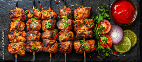 Shashlik is a traditional Russian kebab made with marinated cubes of meat such as pork, lamb, or chicken, skewered and grilled over an open flame or barbecue until tender