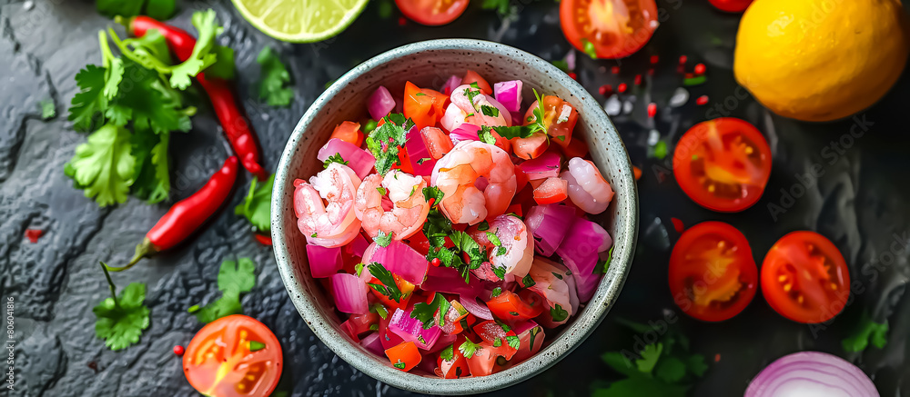 Ceviche is a popular Mexican seafood dish made with raw fish or seafood such as shrimp or scallops marinated in citrus juice along with onions, tomatoes, cilantro, and chili peppers