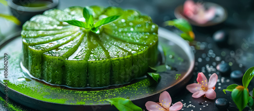 Pandan Cake is a popular cake in Southeast Asia made with pandan leaf extract, giving it a distinctive green color and a fragrant, sweet flavor. photo