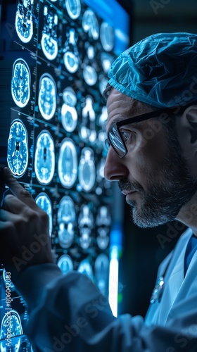 A male doctor wearing glasses and a surgical cap examines a brain scan.
