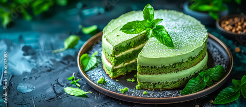 Pandan Cake is a popular cake in Southeast Asia made with pandan leaf extract, giving it a distinctive green color and a fragrant, sweet flavor. photo