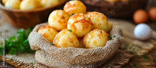 Pao de Queijo, or Brazilian cheese bread, is made with tapioca flour, eggs, milk, oil, and grated cheese typically Parmesan cheese. The dough is rolled into balls and baked until golden and crispy photo