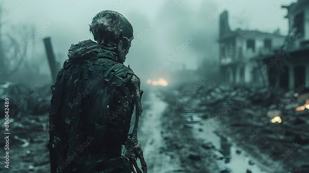 Fototapeta premium Emergent Strain: An Emaciated Survivor Amidst Chaotic Destruction Signals a Fragile Hope