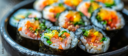 Kimbap is a popular Korean rice roll made with seasoned rice and various fillings such as vegetables, eggs, beef, or tuna, all wrapped in dried seaweed kim photo