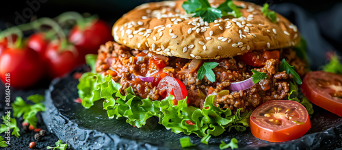 A messy but delicious American sandwich, sloppy joes are made with ground beef cooked in a tangy tomato-based sauce, then served on a hamburger bun photo
