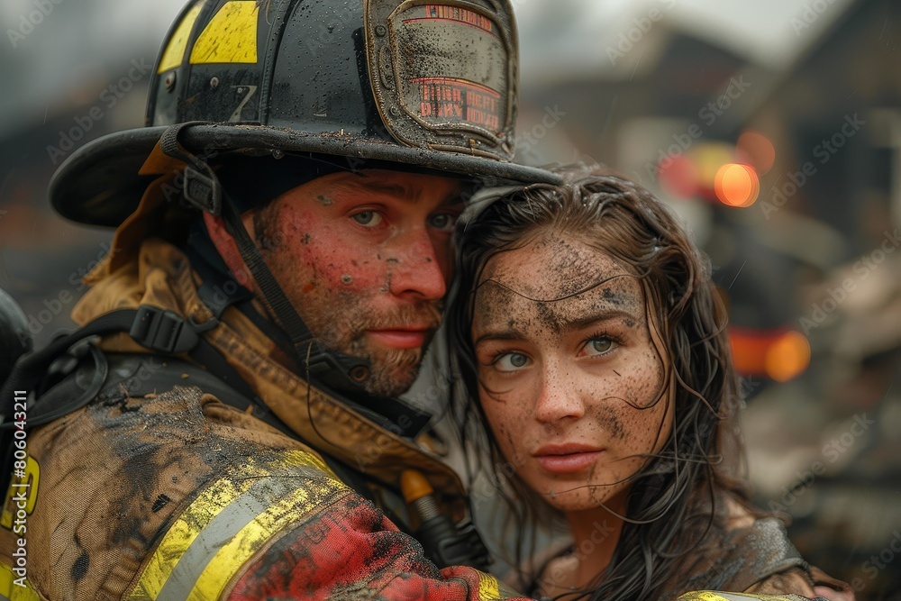 A firefighter and a woman embrace each other in a dangerous and smoky fire scene.