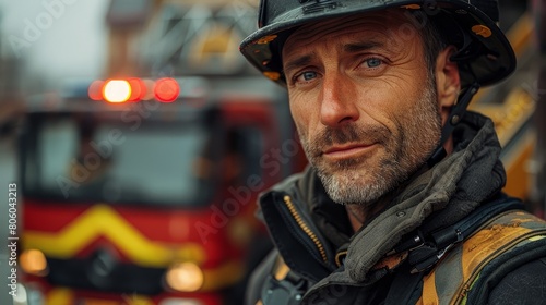 A firefighter in protective gear is standing in front of a fire truck. He is looking at the camera with a serious expression.