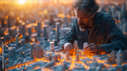 An artist puts the finishing touches on a miniature city. photo