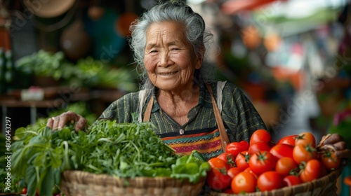 An elderly woman smiles while selling fresh produce at a market. photo