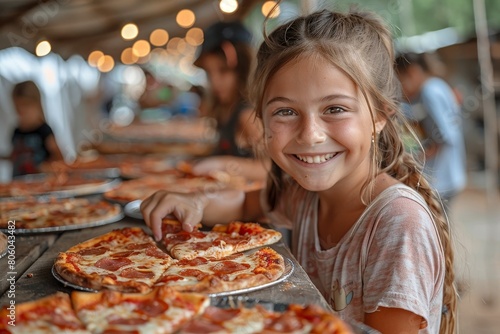 Little girl eating pizza.
