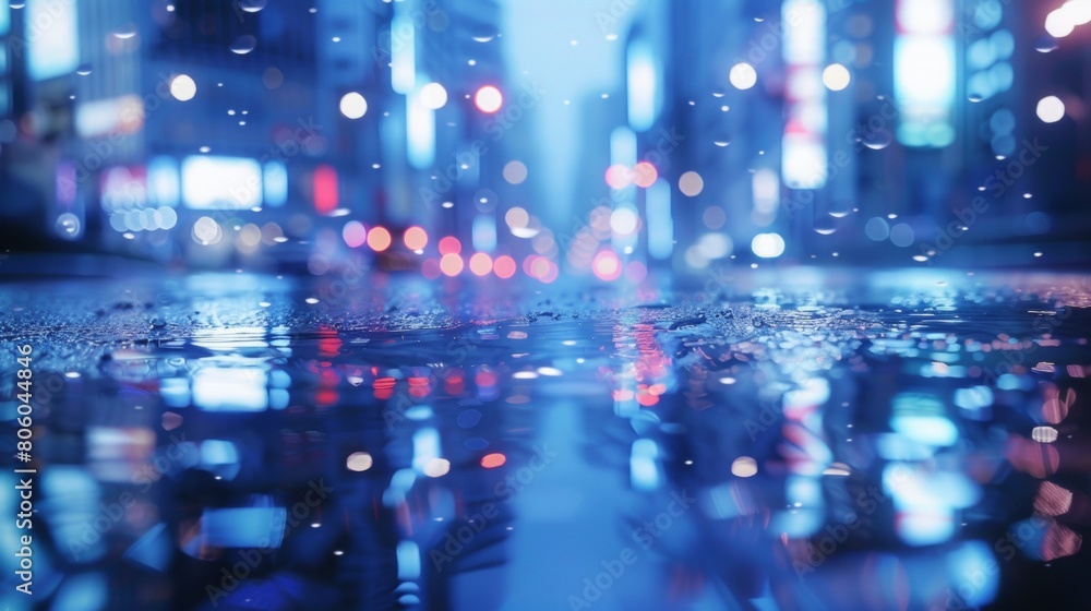 Blurred city lights and raindrops in the streets at night, creating an atmosphere of mystery and tranquility. The focus is on reflections in puddles on the wet pavement.