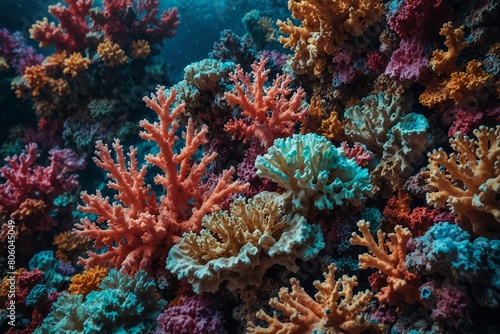 A colorful coral reef with many different colored sea plants