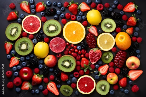 A variety of fruits are arranged in a circle. 