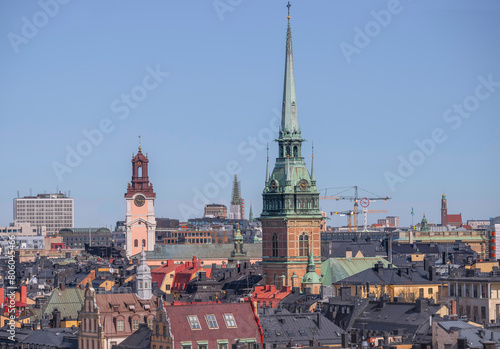 Church towers and roofs in the districts old town Gamla Stan and   stermalm  a sunny spring day in Stockholm