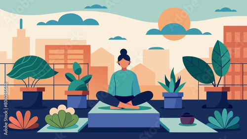 A solitary figure meditating in the quiet serenity of their rooftop garden surrounded by a variety of potted plants..