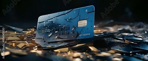 Realistic 3D scene of a minimalist credit card under a heavy weight, crushing debt, photo