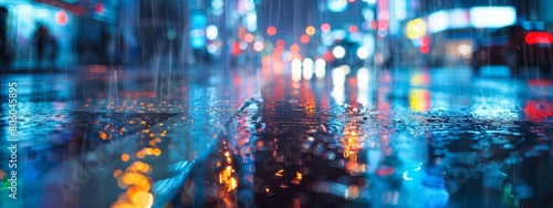Blurred city lights and raindrops in the streets at night  creating an atmosphere of mystery and tranquility. The focus is on reflections in puddles on the wet pavement.