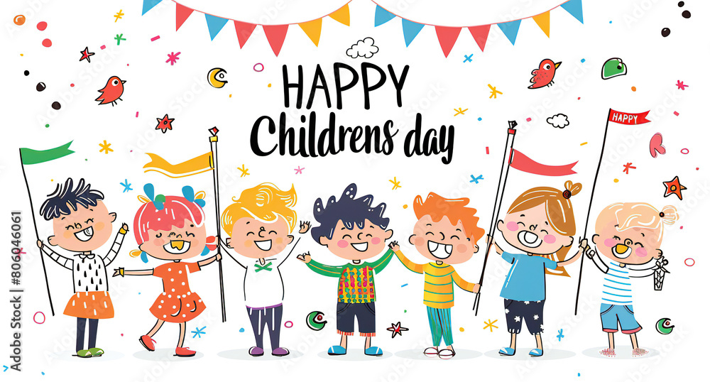 Fototapeta premium Global Celebration of Children's Day. Illustration Featuring Happy Children Enjoying Fun and Togetherness, Promoting Education and Friendship in a Colourful and Joyful Event