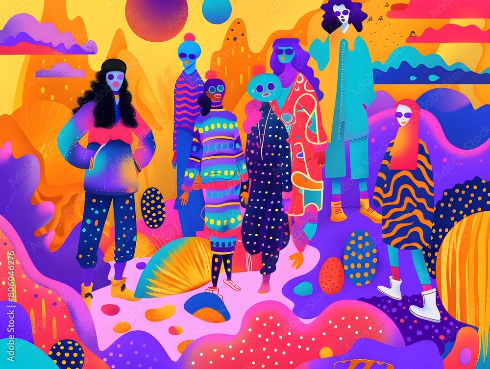 Eclectic Ensemble of Retro Psychedelic Characters in Bold Tapestry of Color,Texture and Surreal Composition