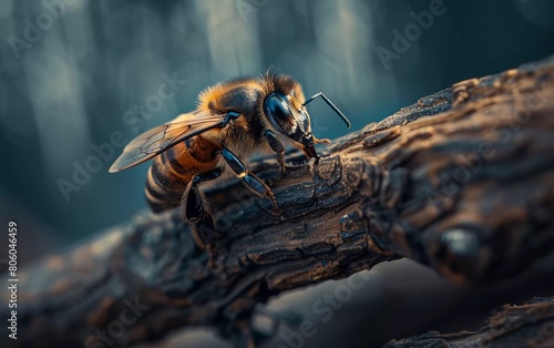 Cute Nomia bee on a brown wooden branch photo