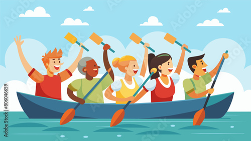 Participants cheering each other on as they race against the clock in a challenging rowing competition creating a fun and competitive atmosphere.. Vector illustration
