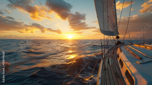 Sailing yacht sailing in the open sea at sunset, view from deck to cabin of luxury sailboat. 