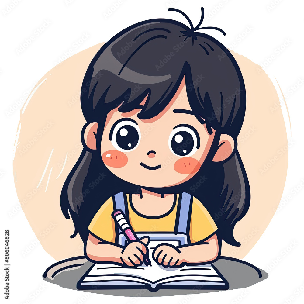 Cute cartoon girl writing illustration. Cartoon girl character. Cute cartoon girl writing illustration. Cartoon girl character.