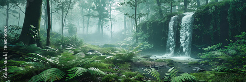 Enchanted Forest in Morning Mist, Sunlight Streaming Through Trees, Magical and Mysterious Woodland