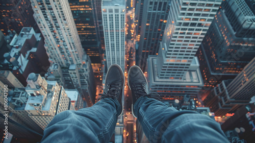 Person's legs hanging over a city street from a high rise photo