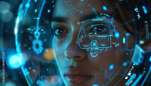 Wallpaper Mural Illustrate a holographic control panel hovering above a persons shoulder, the focal point being their curious expression Use digital art to blend the real and virtual seamlessly Torontodigital.ca