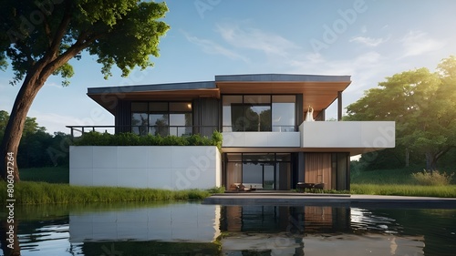 3d rendering of modern living room, modern living room in greenery