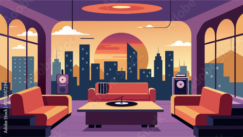 A vinyl listening lounge designed to mimic a highend penthouse apartment with plush seating floortoceiling windows and breathtaking views as the Vector illustration